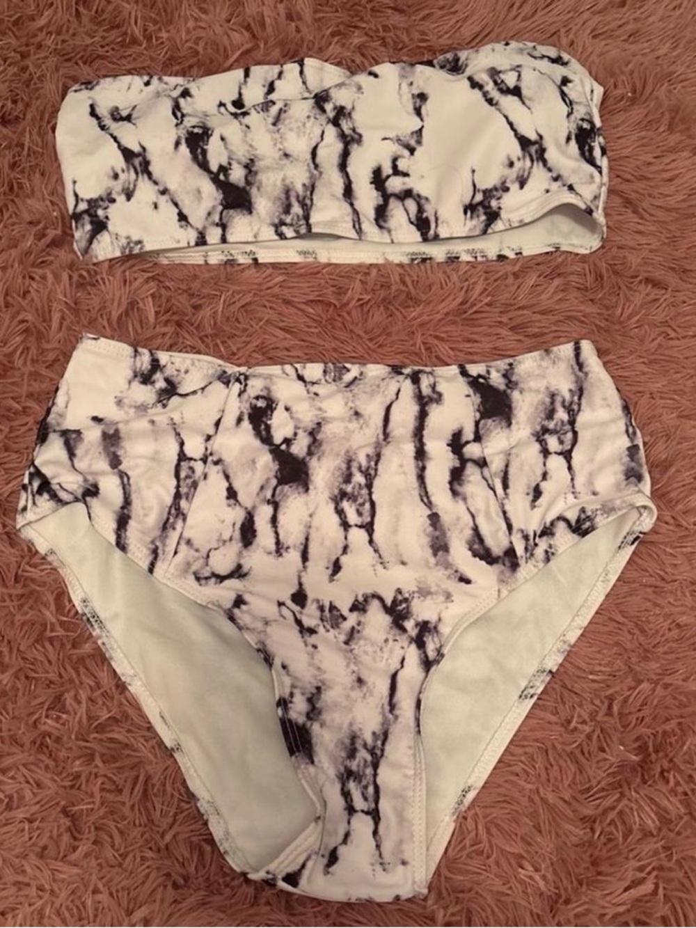 SHEIN White and Black Marble Bandeau High-Waist Bikini